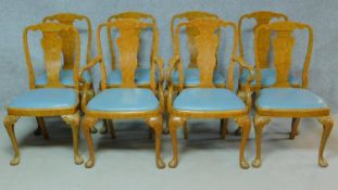 A set of eight mid century carved burr walnut early Georgian style dining chairs on cabriole