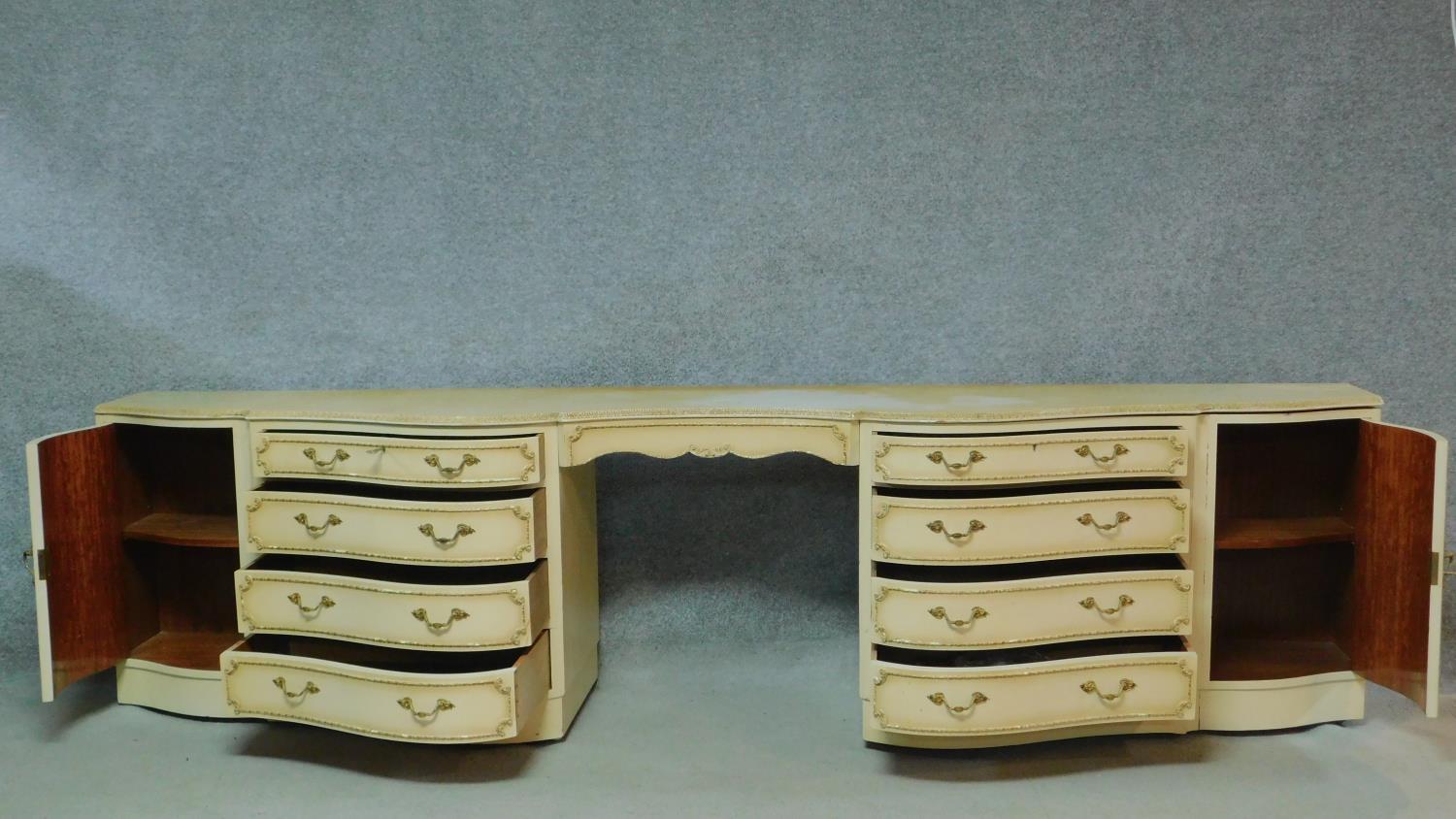 A mid century vintage cream and gilt sideboard or long dressing table fitted with kneehole section - Image 2 of 6