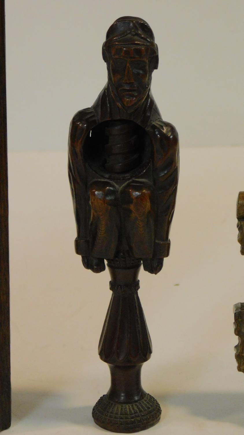 A collection of antique carved wooden treen items. Including an antique carved fruitwood crouching - Image 3 of 6