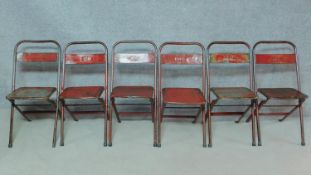 A set of six vintage industrial style folding chairs, various impressed maker's marks to the