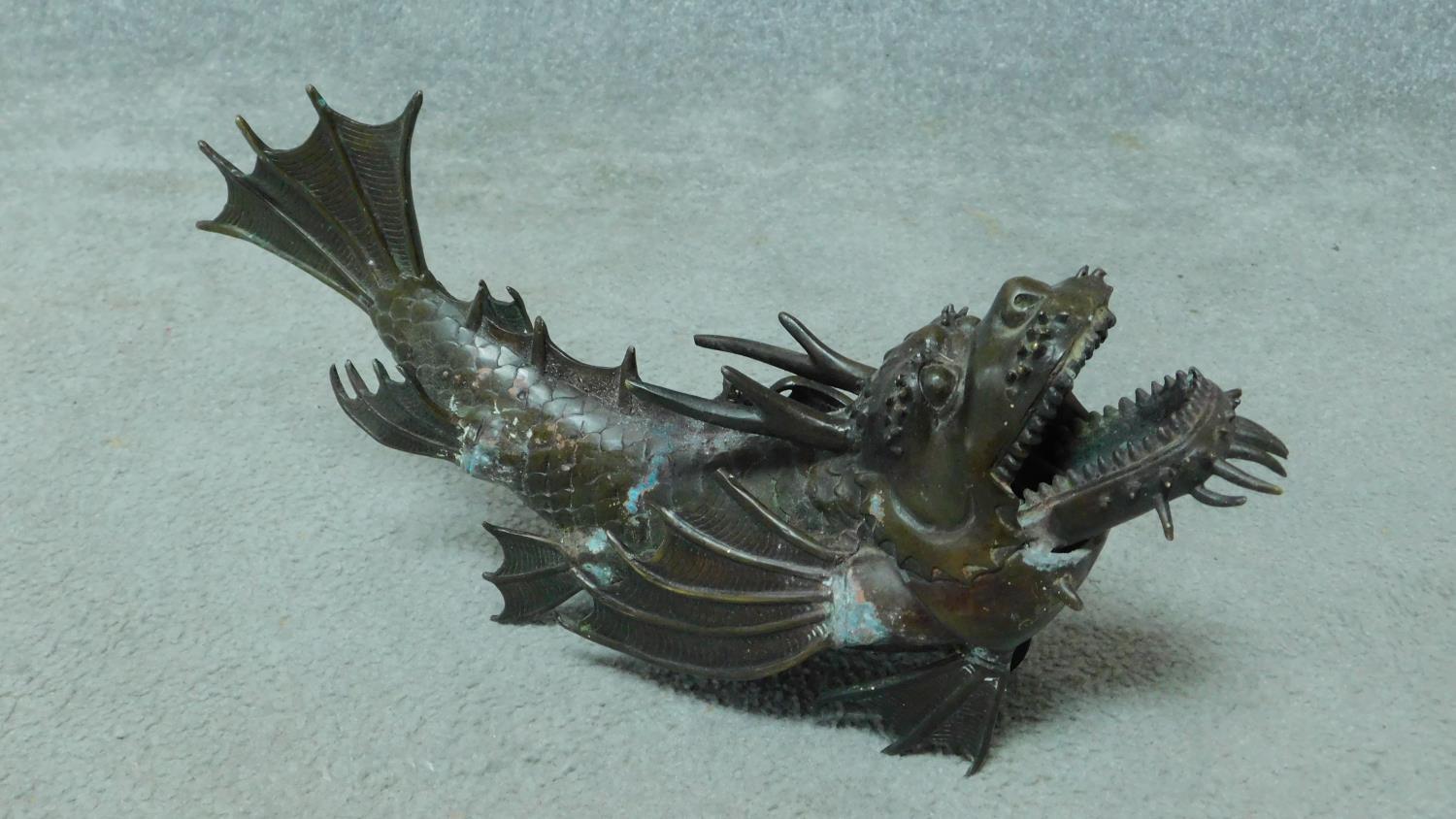 A vintage bronze dragon fish sculpture with engraved detailing. H.16 W.38cm - Image 2 of 2