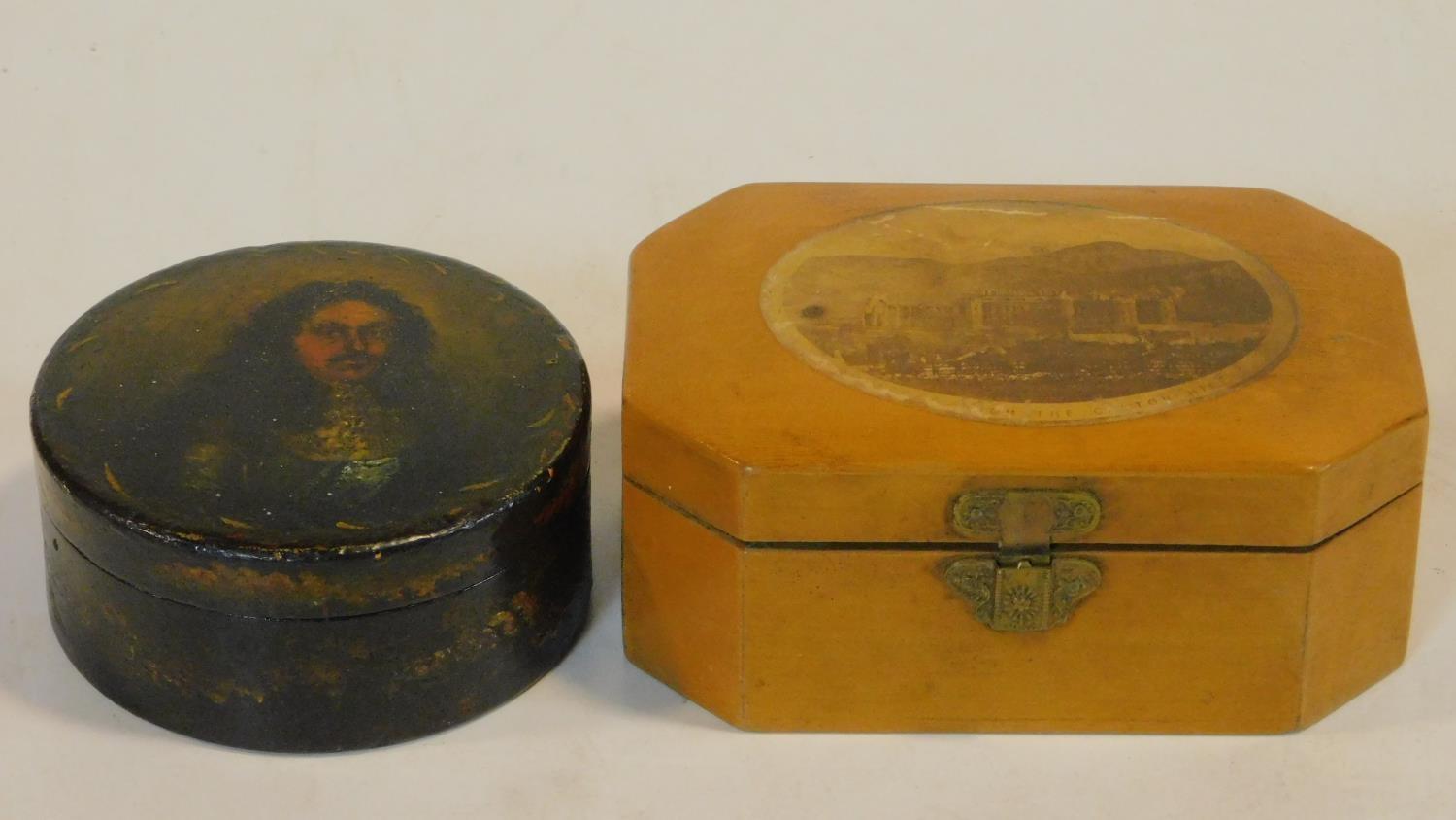 A 19th century Mauchlineware lidded box, Edinburgh Castle and Ross Fountain along with a 19th