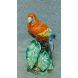A hand painted porcelain figure of a Scarlet Macaw seated on a branch surrounded by Colocasia