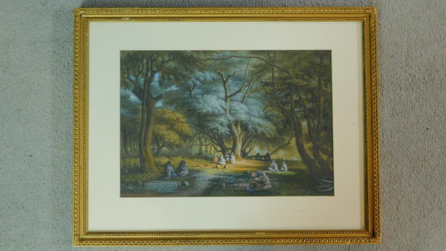 A framed and glazed pastel, figures in a glade, indistinctly signed. 63x49cm - Image 2 of 4
