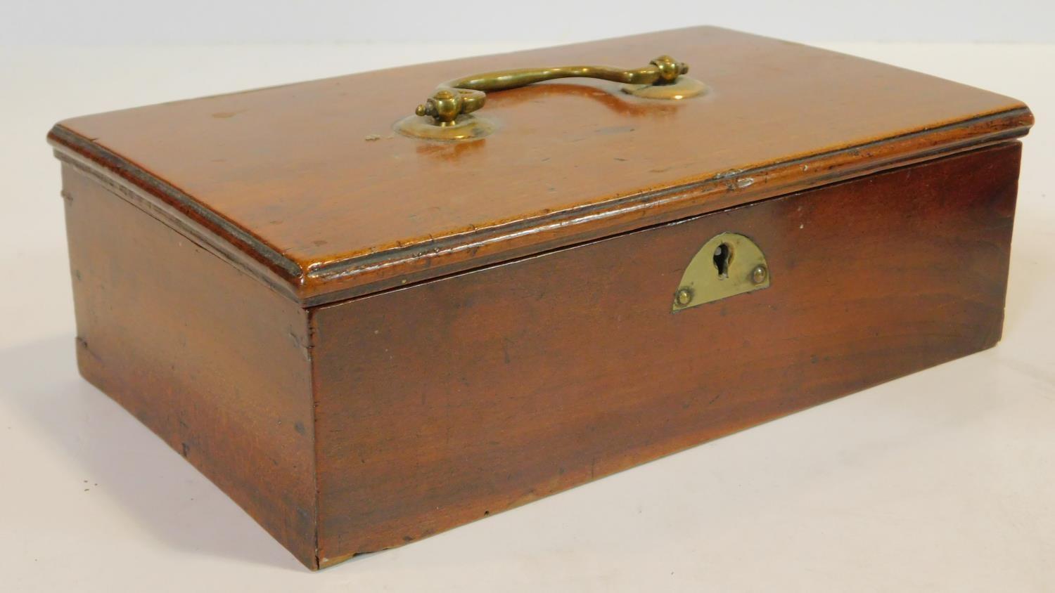 A Georgian mahogany three division tea caddy with brass carrying handle and a similar box. H.13 W.14 - Image 7 of 8