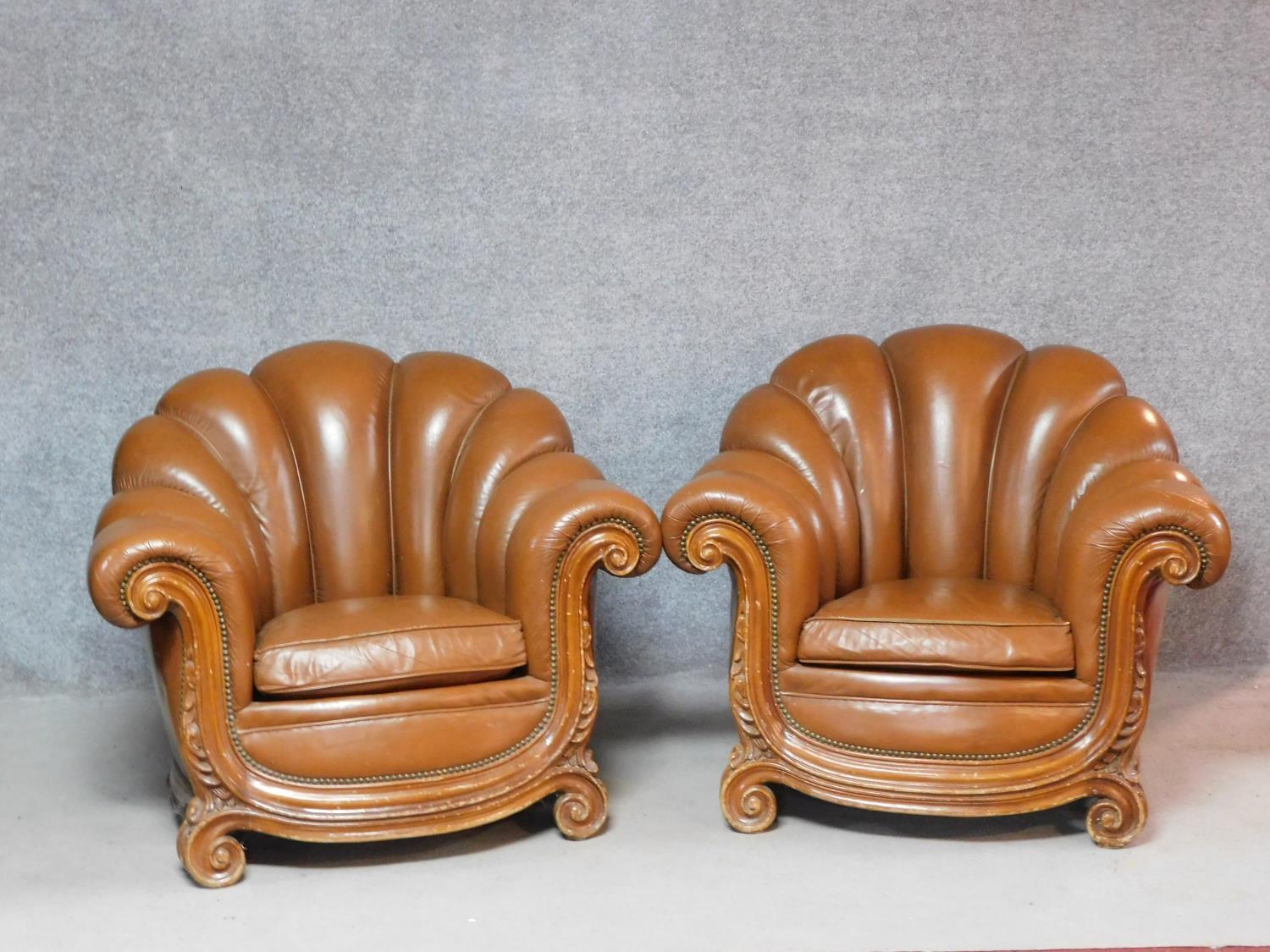 A pair of Italian walnut framed Arredo style armchairs in tan leather scalloped upholstery. H.80 W. - Image 2 of 5