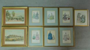 A collection of nine framed and glazed coloured lithographs, seven fashion designs, two depicting