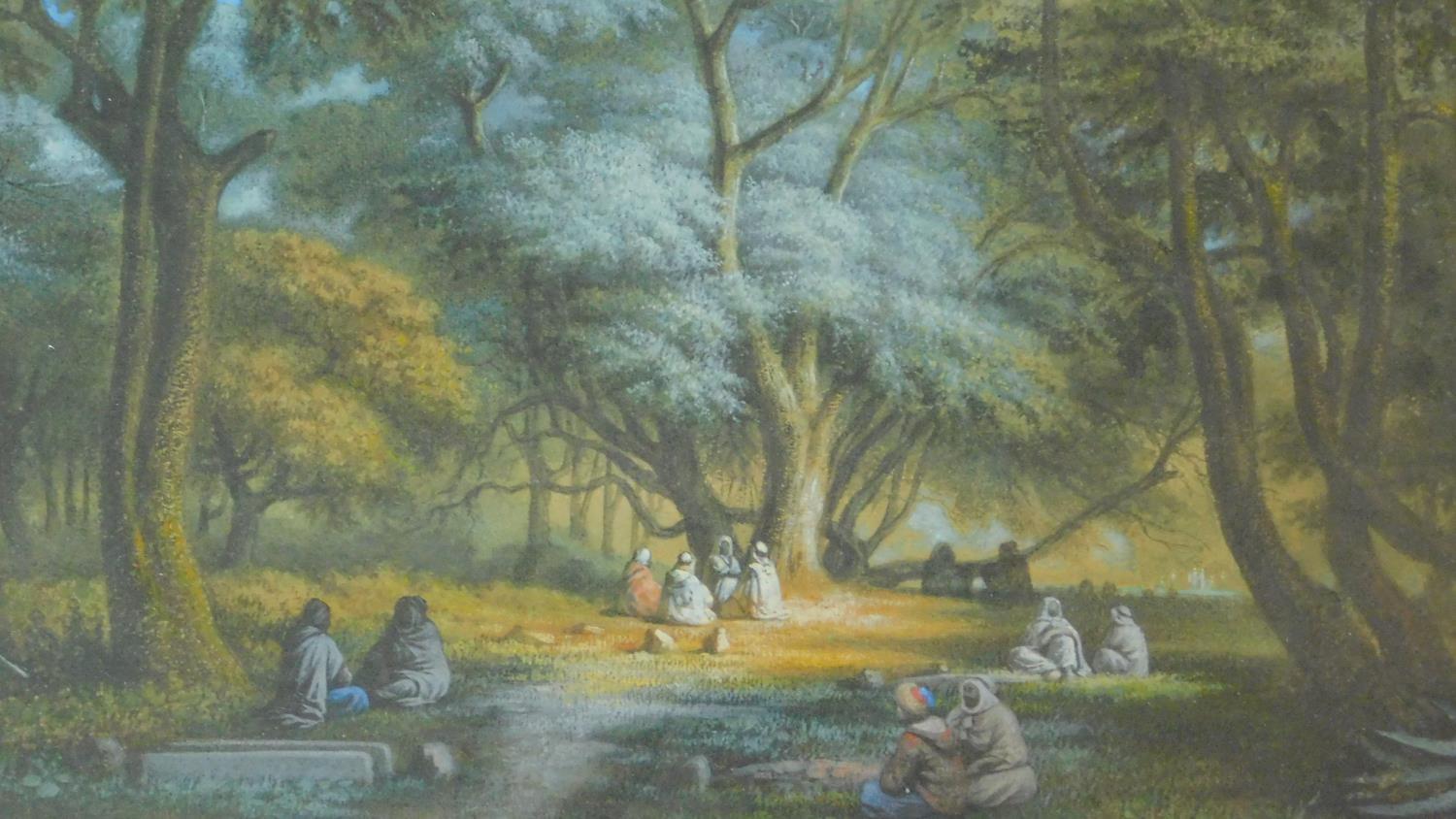 A framed and glazed pastel, figures in a glade, indistinctly signed. 63x49cm