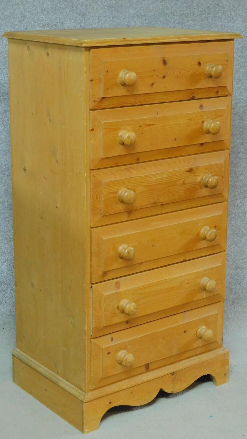 A Victorian style pine tall chest of six drawers on shaped bracket feet. H.123 W.63 D.45cm - Image 2 of 5
