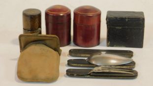 A cased travelling ink well, various leather cased measuring cylinders and a campaign cutlery set in