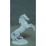 A Royal Belvedere Austrian white glazed ceramic rearing horse on oval base. Makers mark and numbered