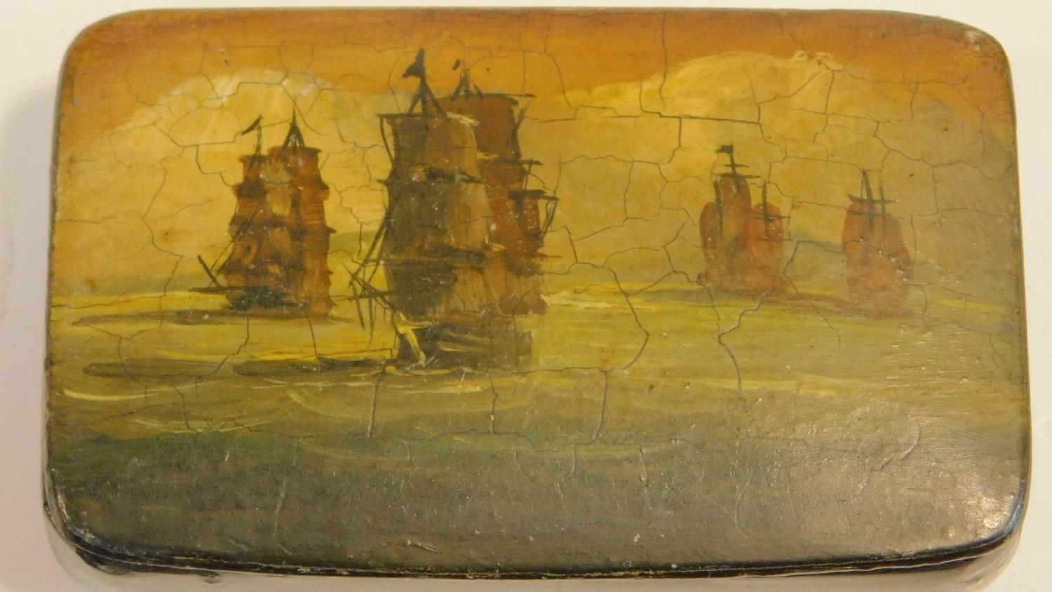 Two 19th century paper mache boxes with decorative hand painted lids, one contains 3 old soveriegn - Image 5 of 10