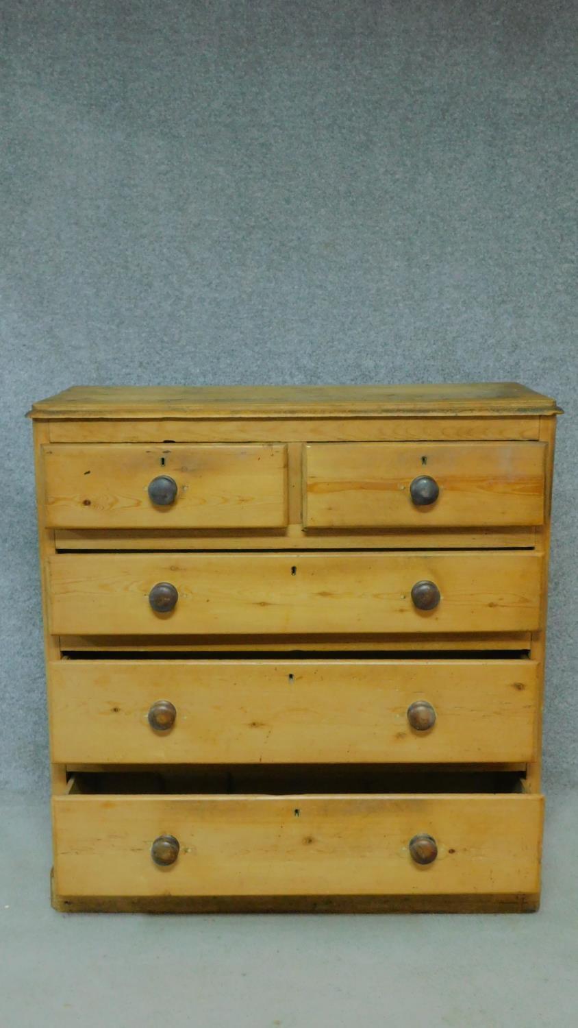 A Victorian pine chest of two short over three long graduated drawers on plinth base, fitted with - Image 3 of 5