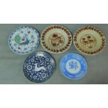A collection of Spanish and Greek hand painted ceramic chargers and a Spode plate. One by Lindos
