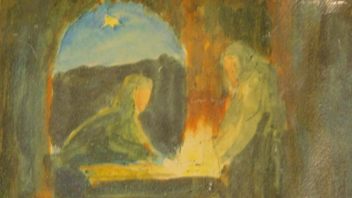 A small gilt framed watercolour, The Nativity and a framed oil on board, abstract composition. - Image 2 of 4