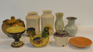 A miscellaneous collection of studio pottery, various jars, a bowl, ceramic chicken and a