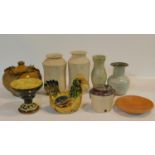 A miscellaneous collection of studio pottery, various jars, a bowl, ceramic chicken and a