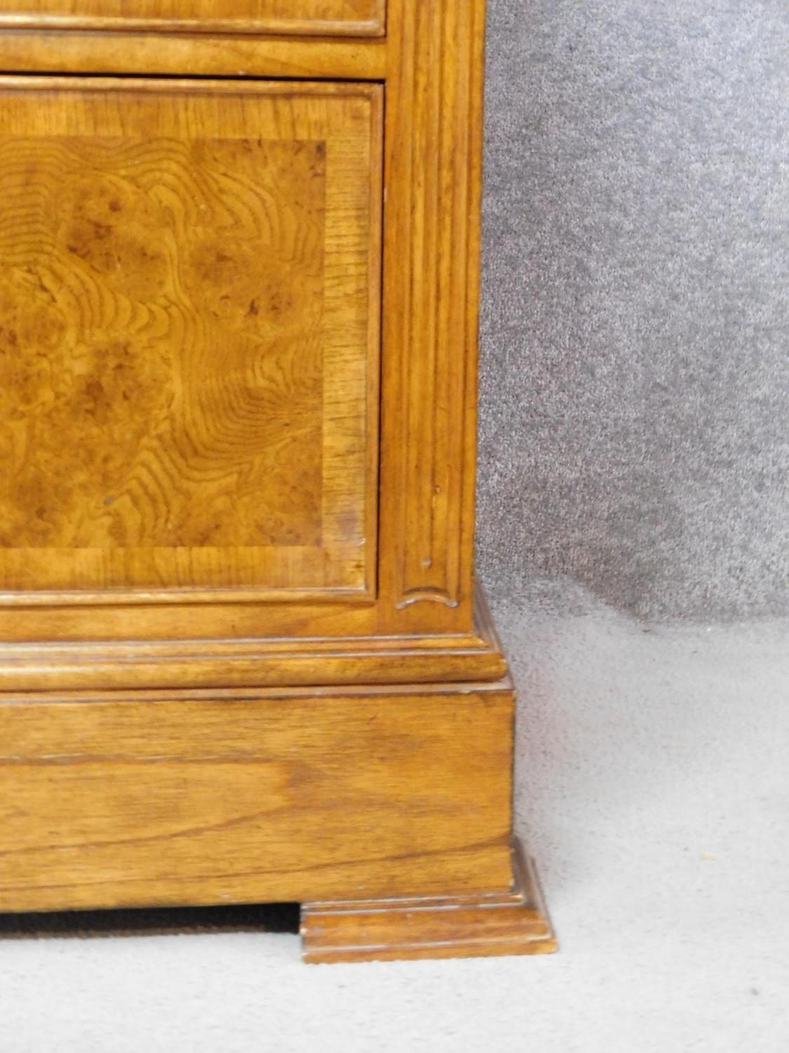 A Georgian style burr elm and crossbanded bowfronted chest of drawers on bracket feet, by Frank - Image 5 of 5