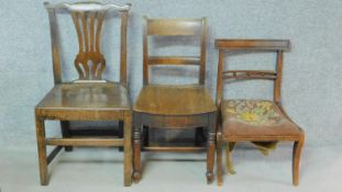 A Georgian country oak pierced splat back dining chair and two other 19th century side chairs. H.