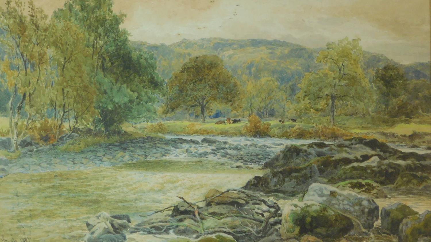 A 19th century framed and glazed watercolour, river in a landscape, signed by British artist John