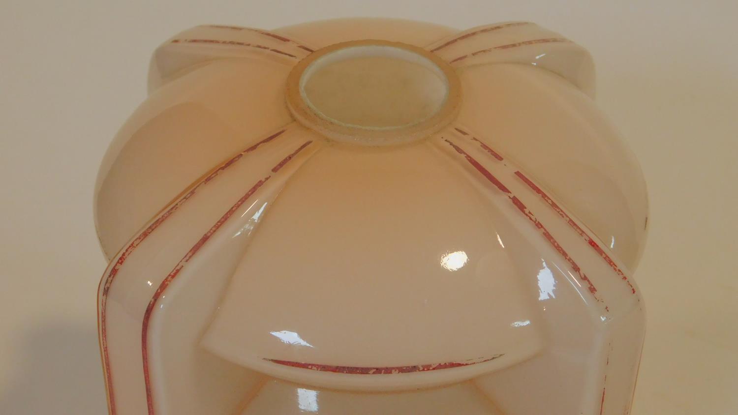 Two Art Deco geometric gilded lampshades. One peach glass with white interior and red linear - Image 6 of 7