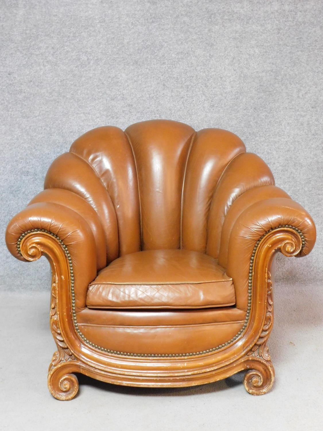 A pair of Italian walnut framed Arredo style armchairs in tan leather scalloped upholstery. H.80 W. - Image 3 of 5