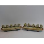 A pair of Art Pottery pen trays in turquoise glaze each with a row of perched birds to the back.