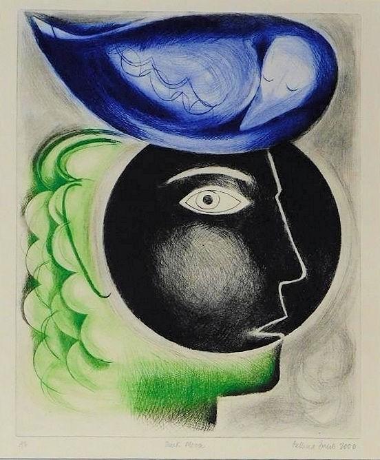 A framed and glazed artist's proof coloured lithograph, dark moon, signed by Patricia Drew. 63x53cm