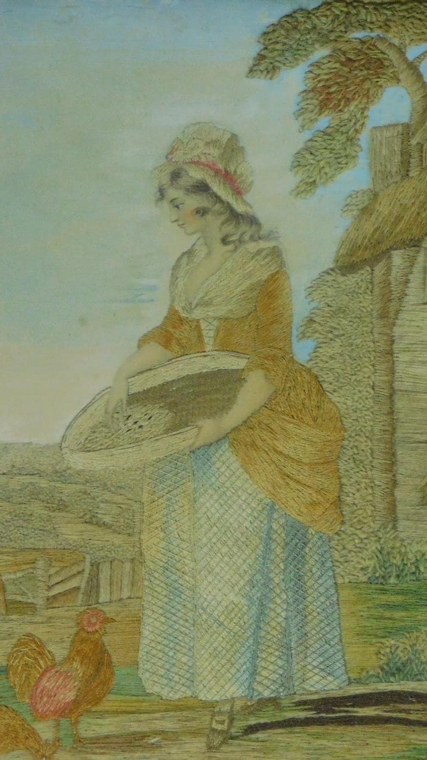 A 19th century framed and glazed embroidery, woman feeding chickens and a framed oleograph, - Image 3 of 4