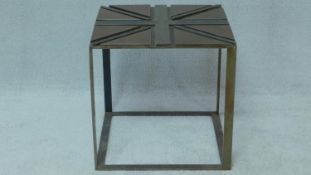 A metal framed occasional table with Union Jack motif to the top. H.45 W.46 D.46cm
