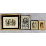 A collection of four framed and glazed antique etchings and hand coloured prints of various fashions