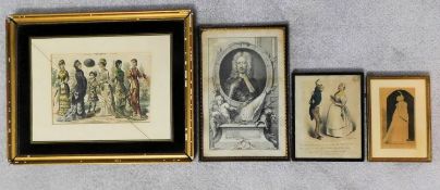 A collection of four framed and glazed antique etchings and hand coloured prints of various fashions