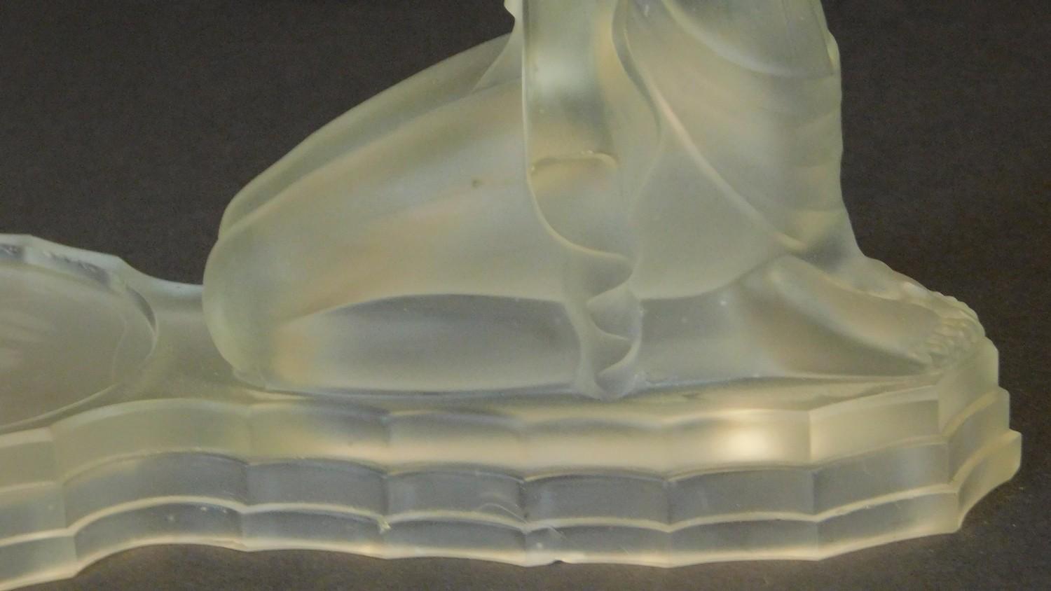 An Art Deco frosted glass sculpture of a kneeling woman offering a bowl with circular platform. - Image 3 of 5