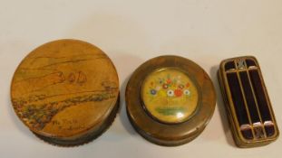 Three antique boxes. Including a treen box with central reverse painted floral design glass plaque