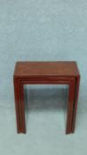 A nest of three Chinese red lacquered graduating occasional tables. H.50 W.48 D.23cm