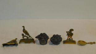 Two 19th century chocolate/jelly moulds with hinged lids and various items of brassware. H.10cm