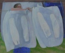 A framed and glazed watercolour, woman hanging out washing, signed Elaine Nason and titled to the