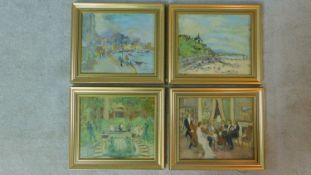 Harold Harris Jones (1908-1991) A set of four gilt framed oils on board, figures in various setting.