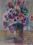 An unframed oil on board, flowers in vase, label verso, signed Albert Wood. 35x45cm