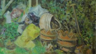 Harold Harris Jones (1908-1991) A framed oil on board, garden pots, signed. 48x58cm
