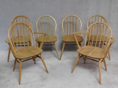 A set of six blonde elm and beech vintage Ercol Windsor dining chairs, model 370, stamped with