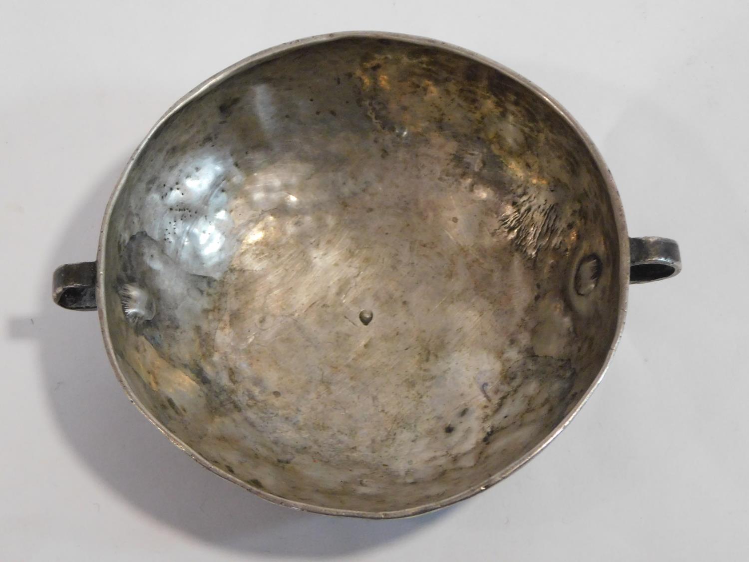 A white metal Arts and Crafts hammered design bowl/porringer. - Image 3 of 7