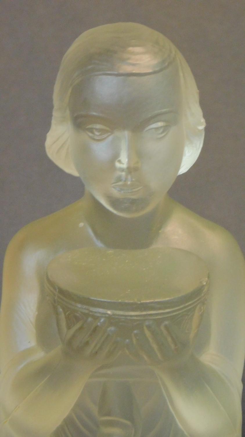 An Art Deco frosted glass sculpture of a kneeling woman offering a bowl with circular platform. - Image 2 of 5