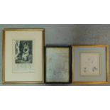A 19th century framed and glazed lithograph, indistinctly signed, and two framed and glazed pencil