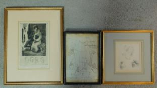A 19th century framed and glazed lithograph, indistinctly signed, and two framed and glazed pencil