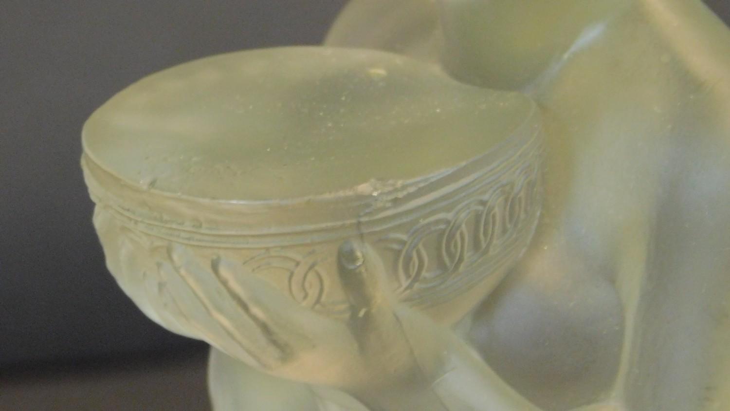 An Art Deco frosted glass sculpture of a kneeling woman offering a bowl with circular platform. - Image 5 of 5