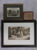 A 19th century framed and glazed print, children in a garden and two other prints. 62x47cm