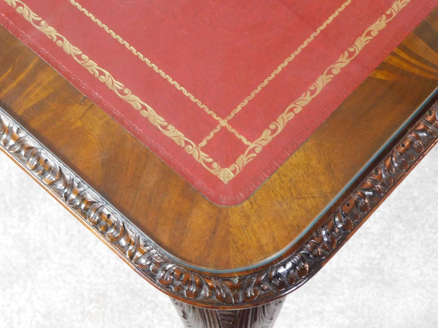 A mid Georgian style mahogany library table with inset tooled leather top on carved cabriole - Image 4 of 4