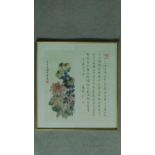 A framed and glazed 20th century Chinese silk painting of chrysanthemums and foliage with