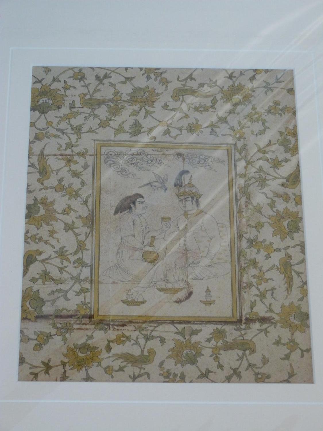 A 19th century Persian Safavid style miniature painting on parchment depicting a servant offering